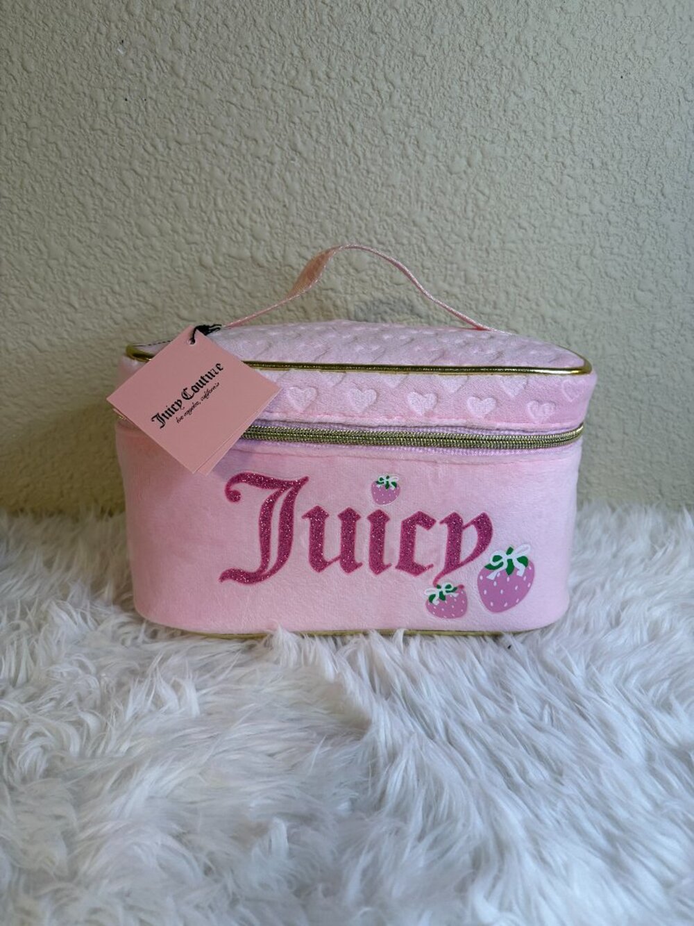 Juicy Couture Strawberry Plush Makeup Train Case Cosmetic Bag Pink NWT